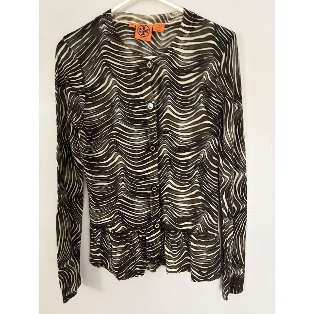 Tory Burch Cardigan Women M Brown Wavy Zebra Print Merino Wool Peplum 22093103